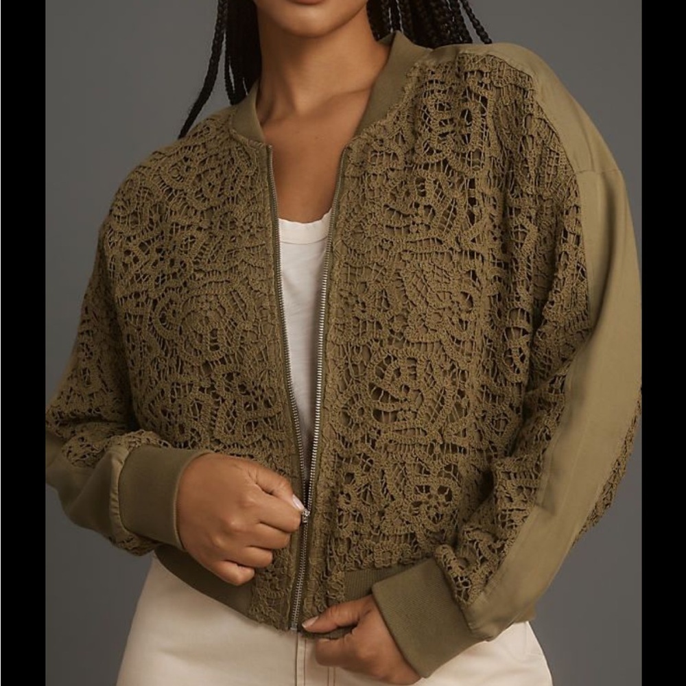 Anthropologie Olive Lace Bomber Jacket